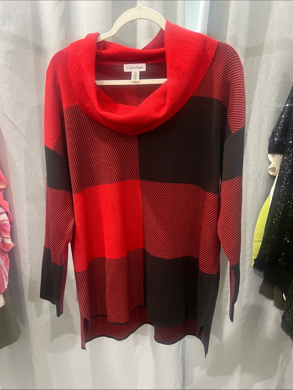 Calvin Klein Red & Black Geometric Cowl-Neck Sweater
